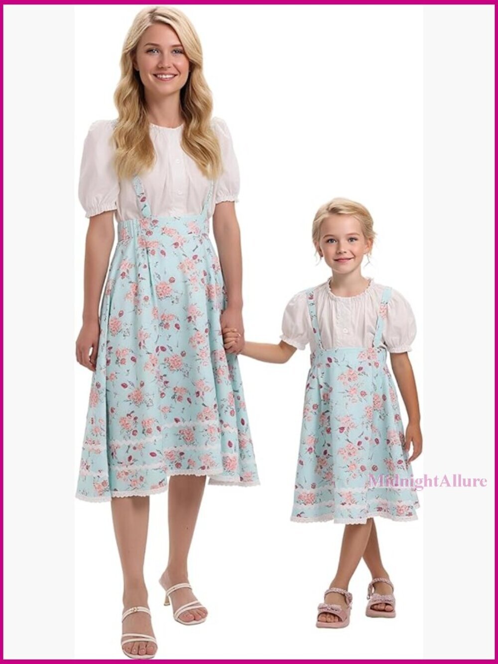 Mommy and Me Matching Vintage Floral 2pcs Dress Set Puff Sleeve Top Skirt